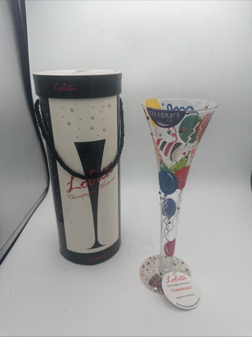 Lolita "Champagne Moments" hand-painted Celebrate champagne flute 8 oz w/ recipe
